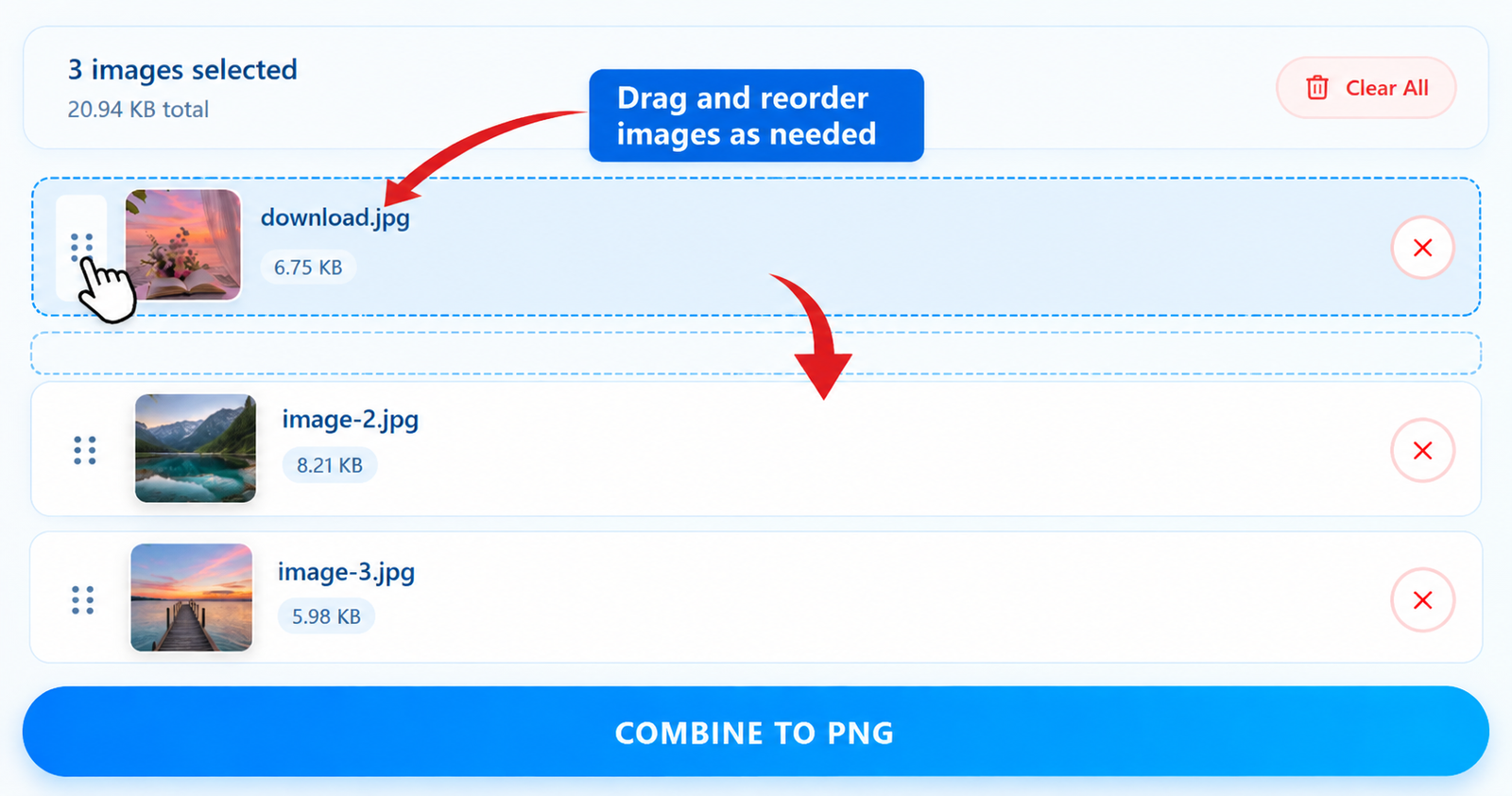 Arrange multiple JPG images before combining them into a PNG