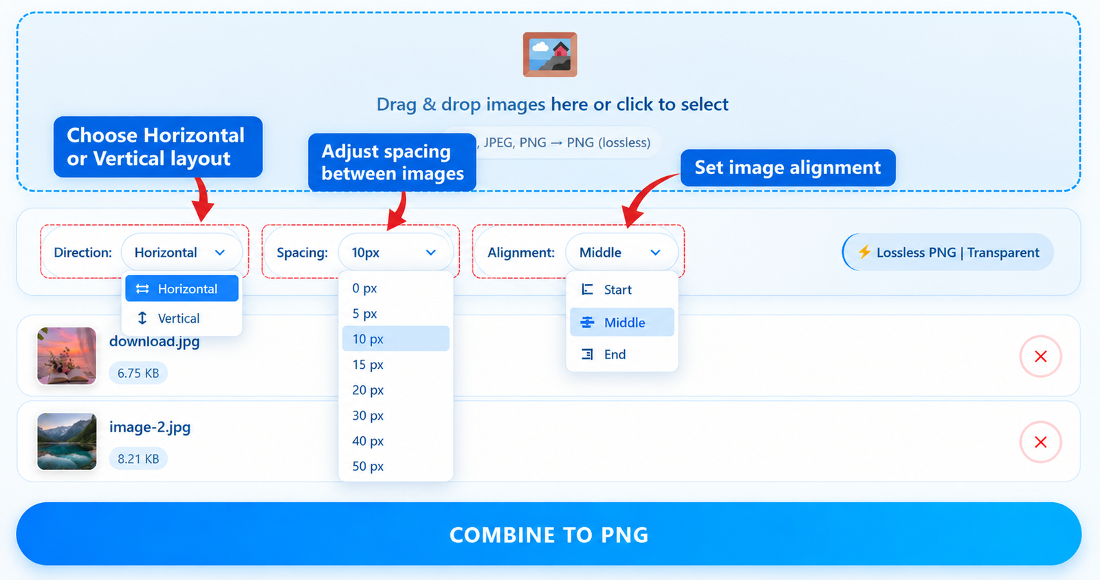 Choose image layout, alignment, and spacing for a combined PNG