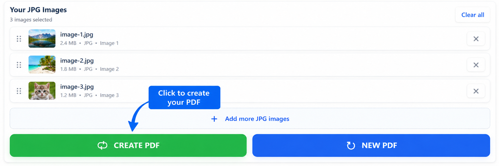 Click Create PDF to combine JPG images into one PDF