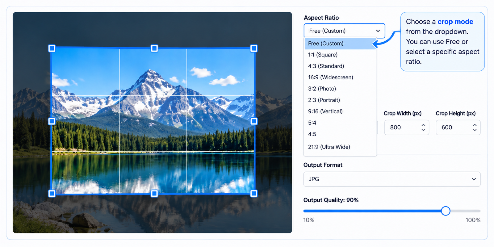 Choose free, fixed, or aspect ratio crop mode in the image cropper