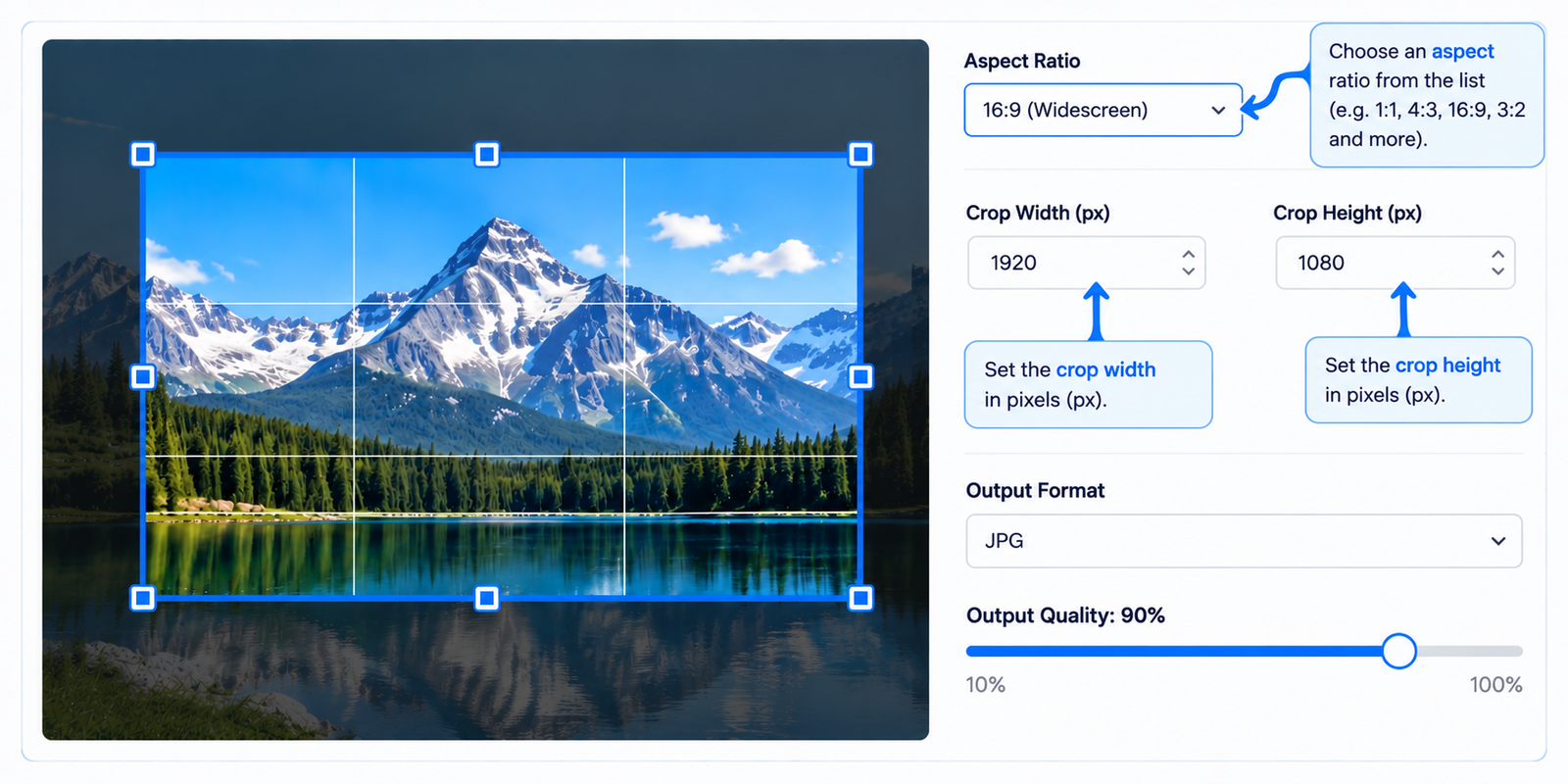 Set image width height and aspect ratio when cropping an image online