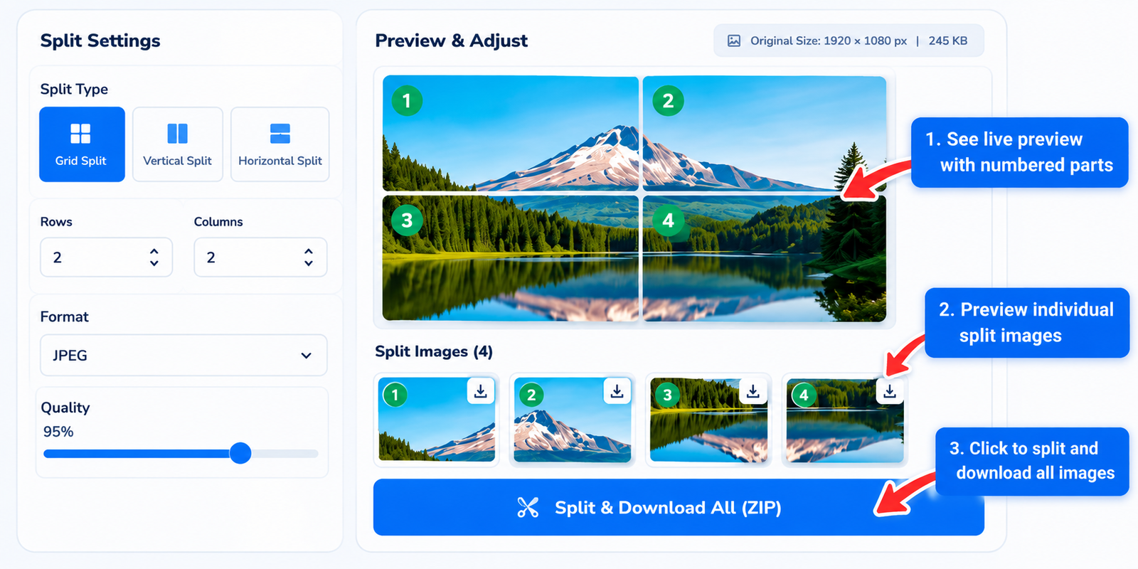 Preview and adjust split image pieces