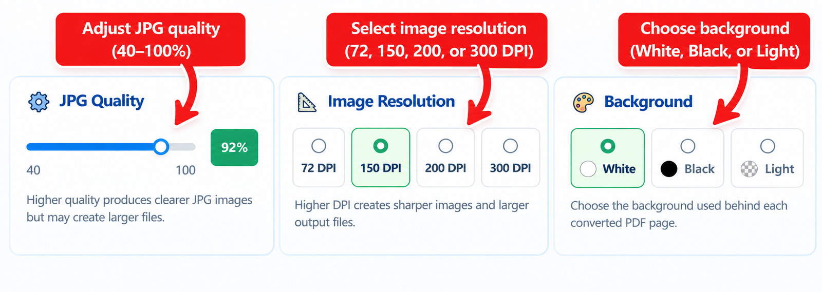 Choose JPG quality resolution and background settings for PDF conversion