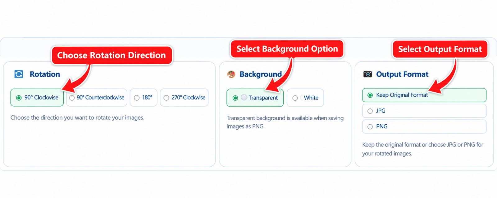 Choose rotation direction and image output settings