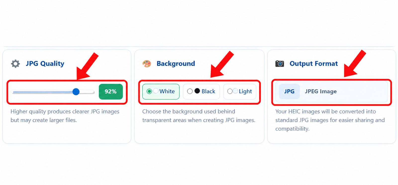Choose JPG quality and background settings for HEIC to JPG conversion